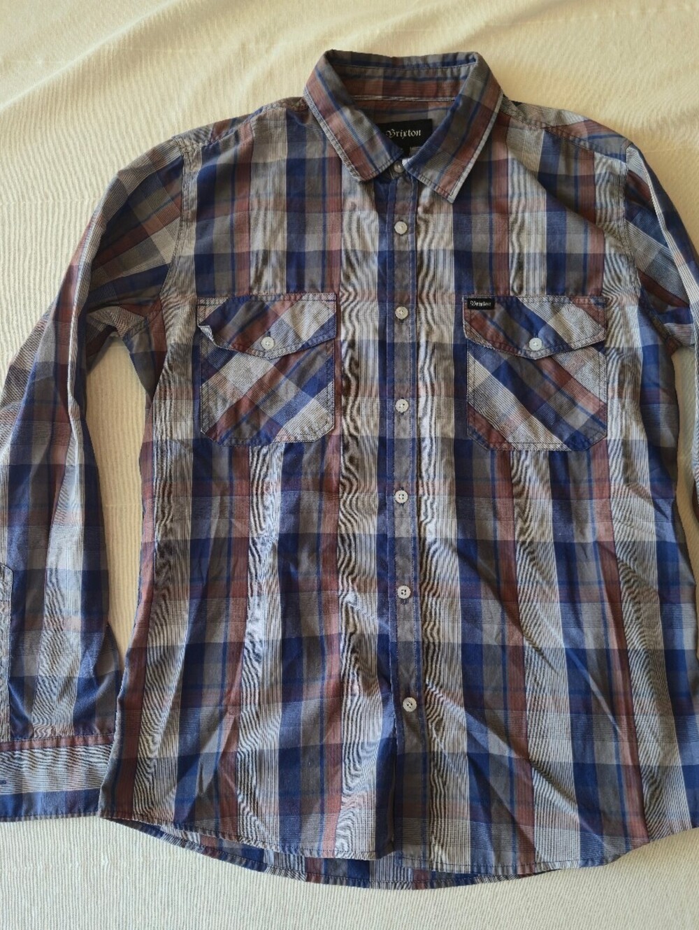 Brixton Blue Rust Beige Plaid Long Sleeve Button-Up mens Shirt Size Small